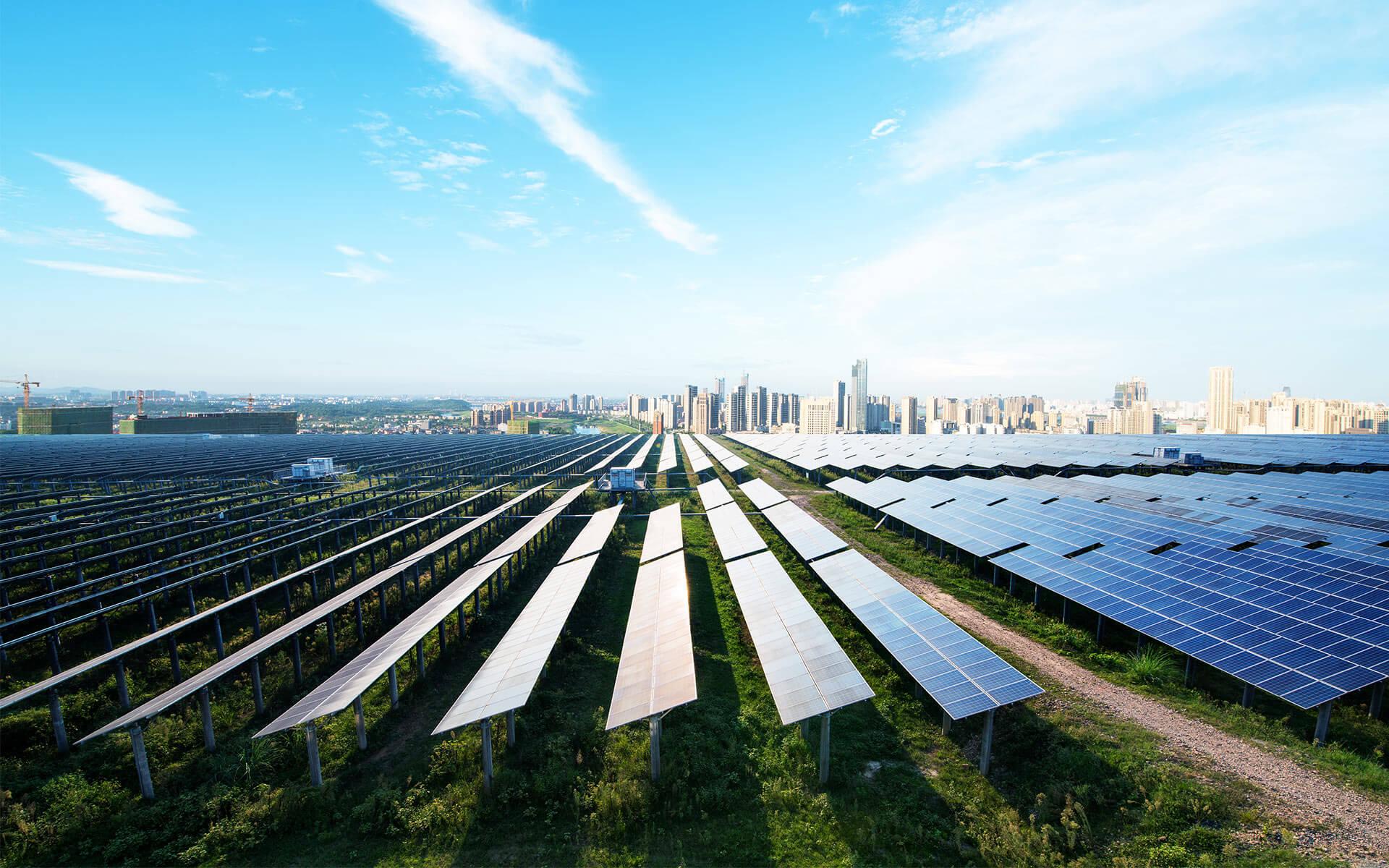 Solar panels over a cityscape